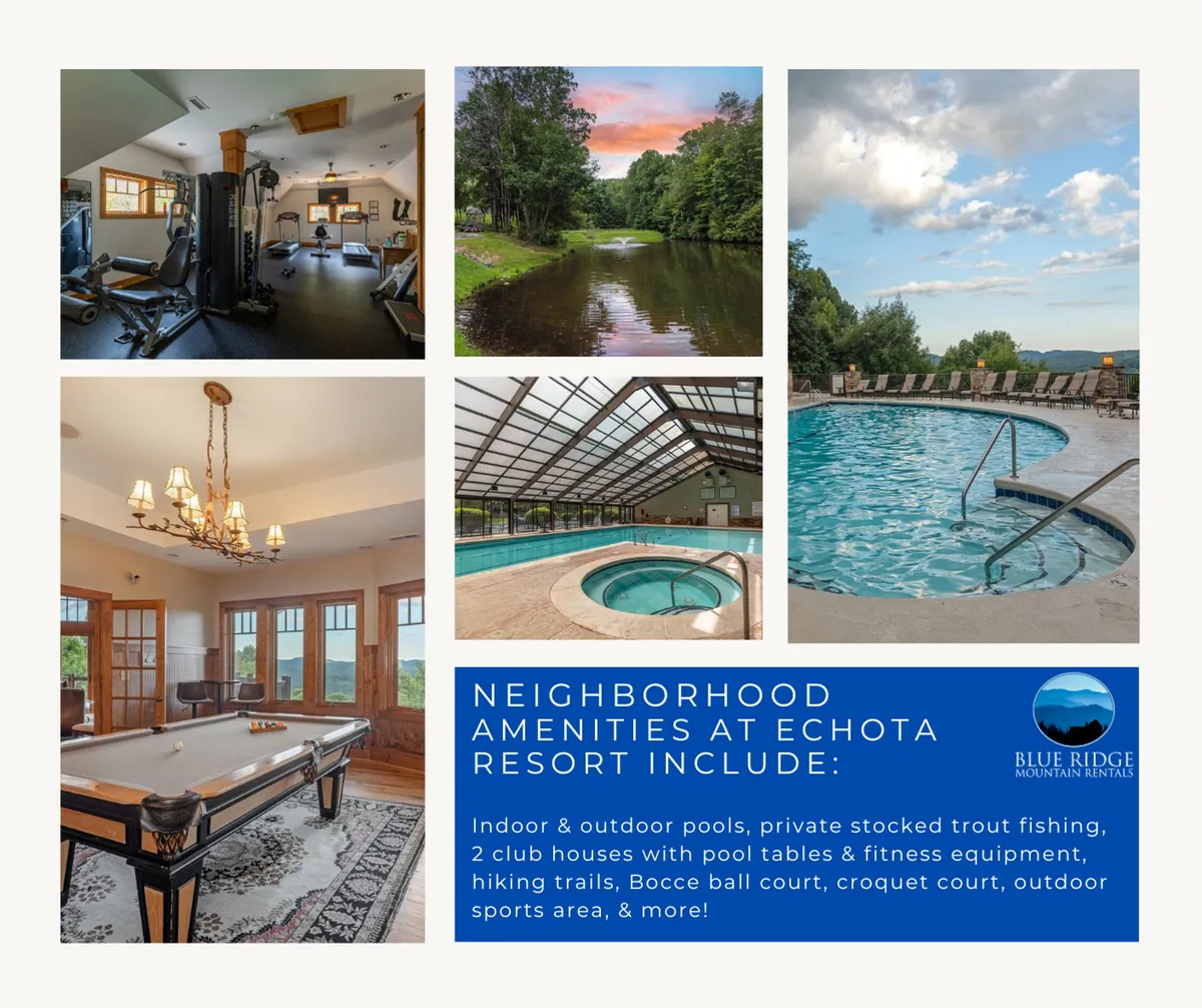 A vibrant recreational space featuring fitness equipment, a pool table, an indoor pool with adjacent outdoor pool visible through large windows, all set against a backdrop of scenic mountain views. The area is bright and clearly designed for leisure as well as activity, with ample space for both exercise and relaxation.