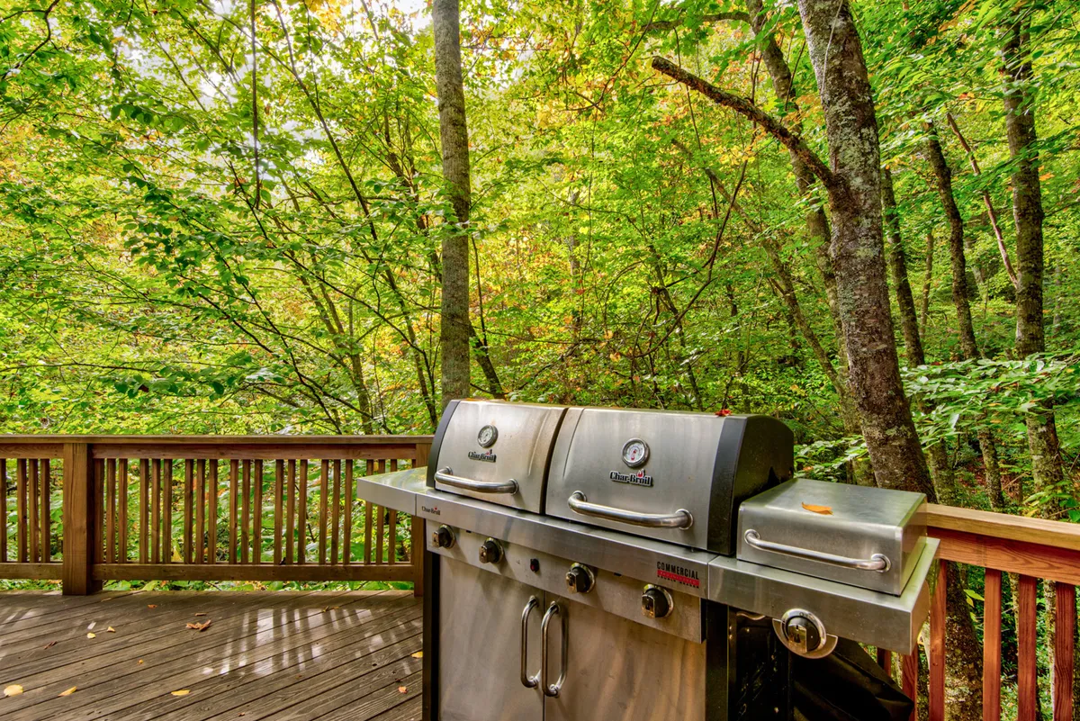 This exterior image shows a spacious deck with a grill, surrounded by lush natural landscape. The setup invites groups to relax or entertain outdoors, ideal for barbecues or enjoying tranquil mountain evenings together.